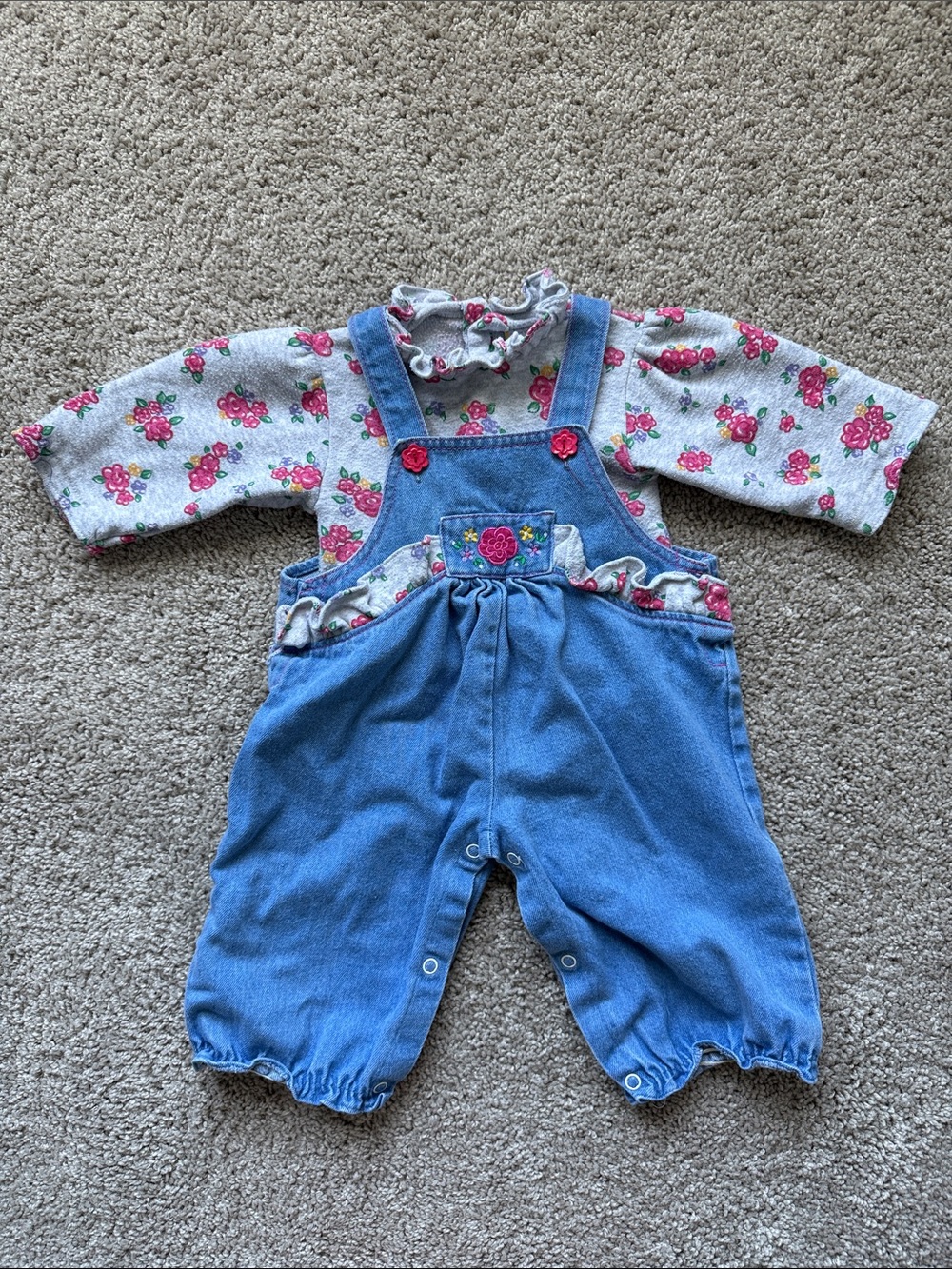 Vintage 90s | Toddler Floral Denim Overalls Set | 6-9 months
